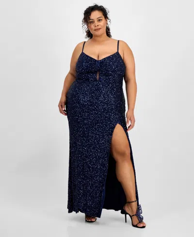 B Darlin Trendy Plus Size V-neck Sleeveless Sequin Gown, Created For Macy's In Navy