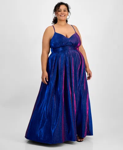 B Darlin Trendy Plus Size V-neck Sleeveless Glitter Ball Gown In Bright Blue