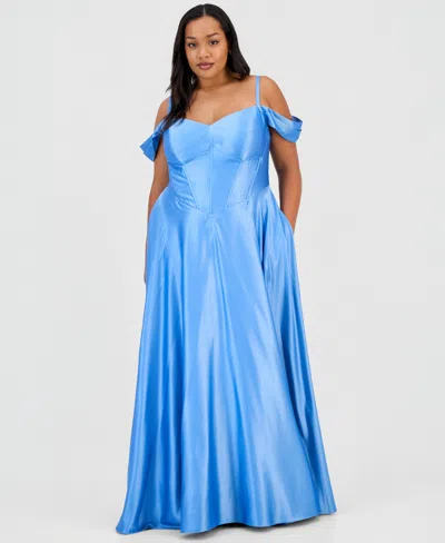 B Darlin Trendy Plus Sweetheart-neck Satin Gown In Blue