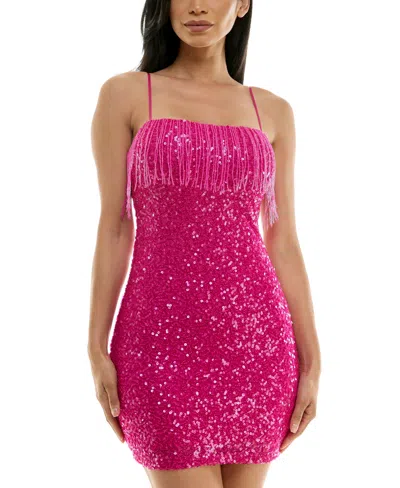 B Darlin Women's Sequin Beaded-fringe Mini Dress In Hot Pink
