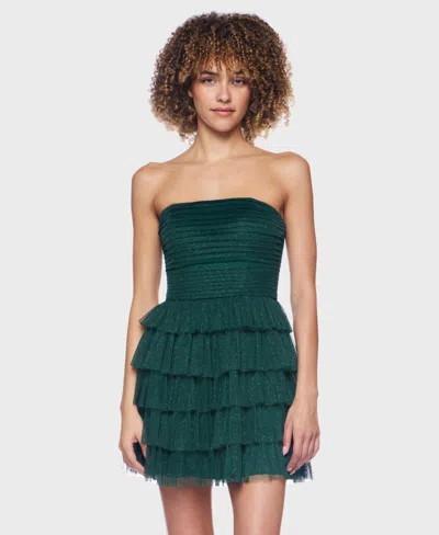 B Darlin Women's Strapless Side-shirred Tiered Glitter Mini Dress In Green