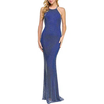 B Darlin Womens Embellished Fishnet Evening Dress In Royal