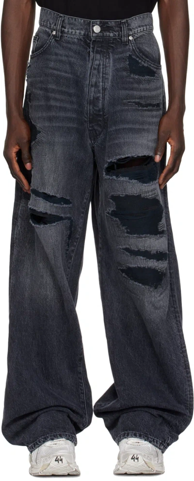 B1archive Black Wide Leg 5 Pocket Jeans In Black #b51 Repair