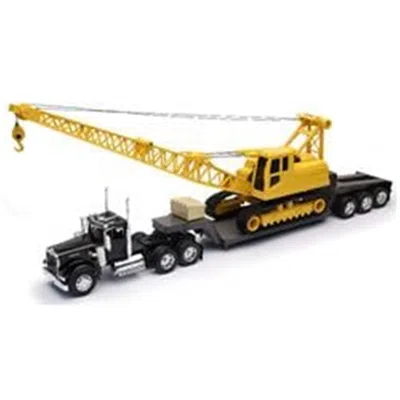 B2b Replicas 1 By 32 Scale New-ray - Kenworth W900 With Lowboy Trailer Hauling A Crawler Crane, Yellow