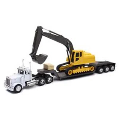 B2b Replicas 1 By 32 Scale New-ray - Peterbilt 379 Model Truck With Lowboy Trailer Hauling An Excavator White & Y