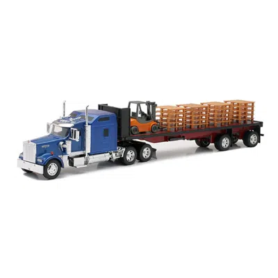 B2b Replicas B2breplicas New-ray Kenworth W900 With A Flatbed Trailer With Forklift & Pallets Model