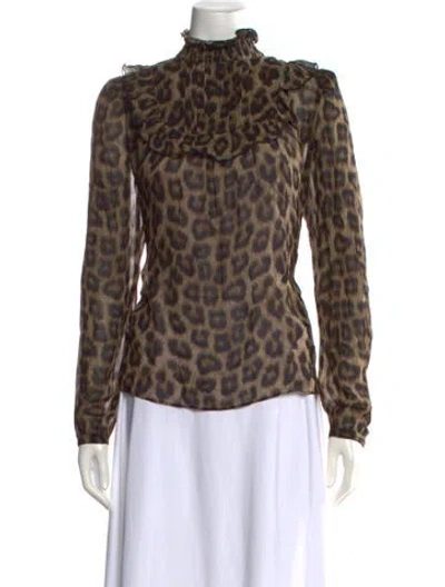 Pre-owned Ba&sh Animal Print Mock Neck Blouse In Brown