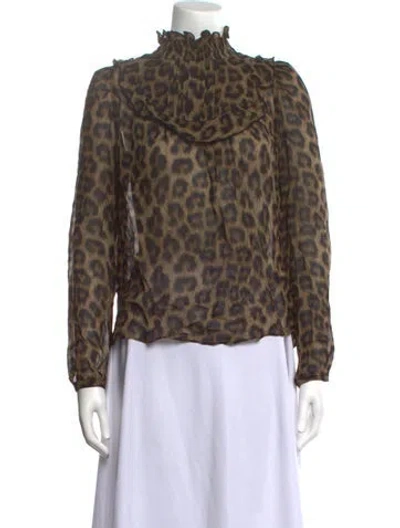 Pre-owned Ba&sh Animal Print Mock Neck Blouse In Brown