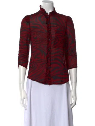 Pre-owned Ba&sh Animal Print Mock Neck Button-up Top In Red