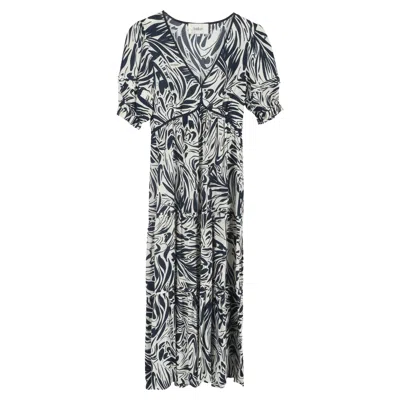 Ba&sh Ba & Sh Calla Abstract-print Midi Tiered Dress Navy Blue Viscose In Transparent