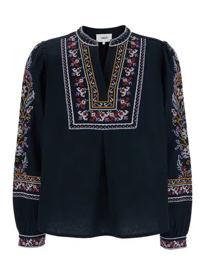 Ba&sh 'caloe' Blue Blouse With Round Neck And All-over Embroidery