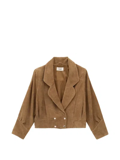 Ba&sh Cowy Double-breasted Cropped Suede Jacket In Brown