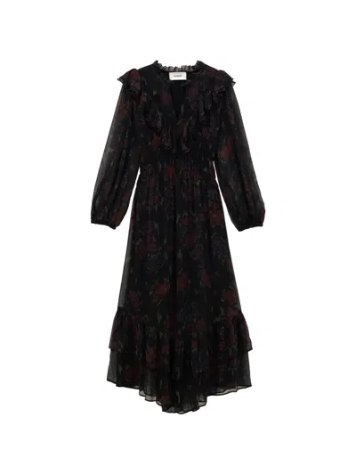 Ba&sh Dova Ruffled Floral-print Midi Dress In Black