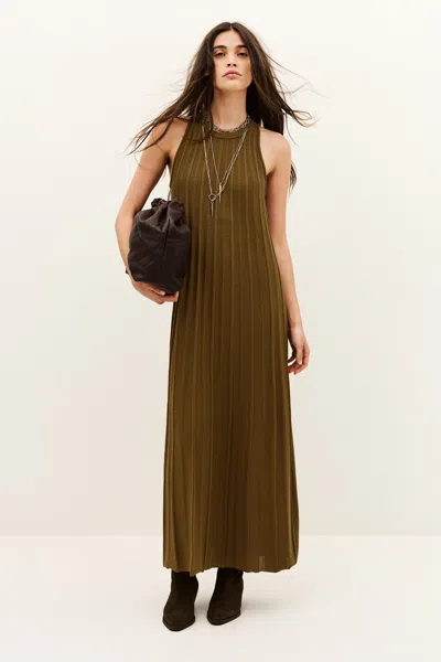 Ba&sh Sinte Ribbed-knit Pointelle-trim Flared Maxi Dress In Brown