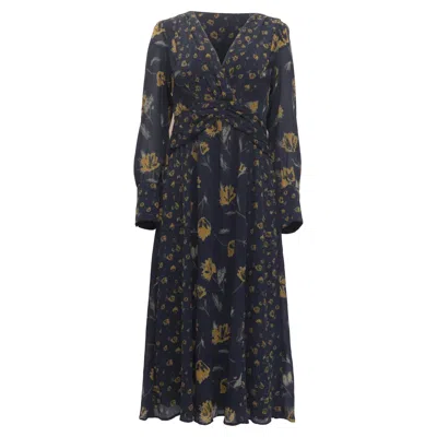 Ba&sh Ba & Sh Finaya Floral-print Long Sleeve Midi Dress In Navy Blue Polyester