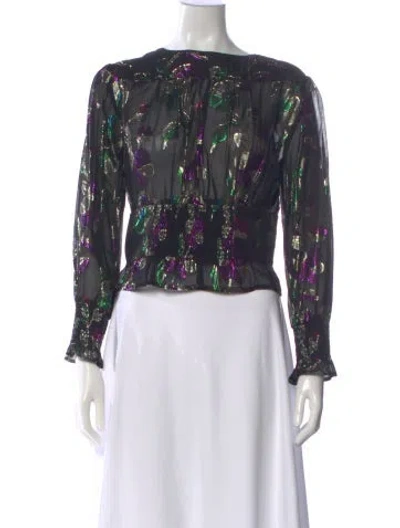 Pre-owned Ba&sh Floral Print Crew Neck Blouse In Black