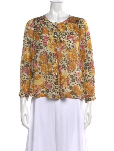 Pre-owned Ba&sh Floral Print Crew Neck Blouse In Yellow