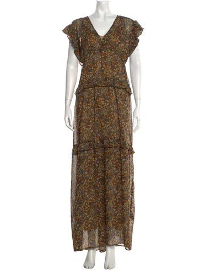 Pre-owned Ba&sh Floral Print Long Dress In Brown