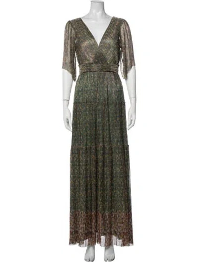 Pre-owned Ba&sh Floral Print Long Dress In Green/metallic