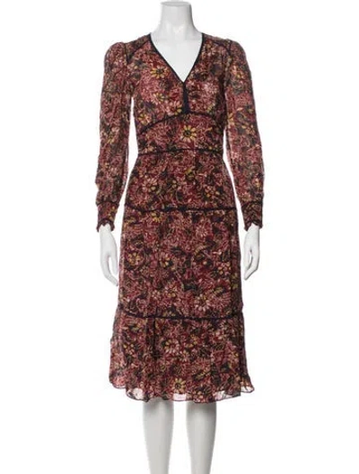 Pre-owned Ba&sh Floral Print Midi Length Dress In Burgundy