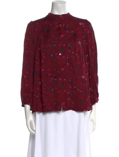 Pre-owned Ba&sh Floral Print Mock Neck Blouse In Burgundy