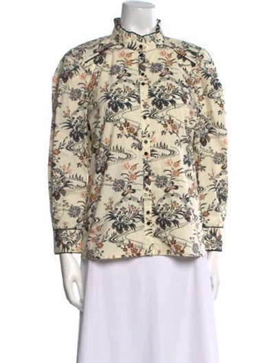 Pre-owned Ba&sh Floral Print Mock Neck Button-up Top In Neutral