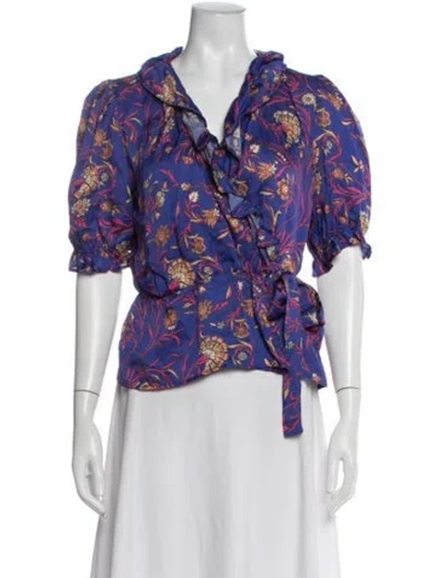 Pre-owned Ba&sh Floral Print Short Sleeve Blouse In Blue
