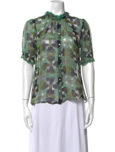 Pre-owned Ba&sh Floral Print Short Sleeve Blouse In Green