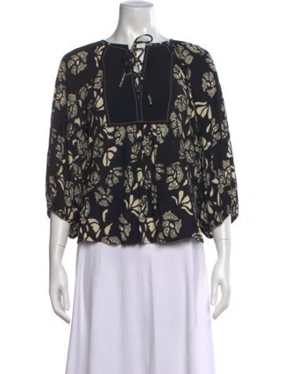 Pre-owned Ba&sh Floral Print Tie Neck Blouse In Black