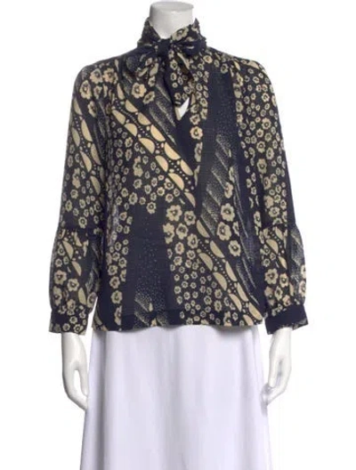 Pre-owned Ba&sh Floral Print Tie Neck Blouse In Blue