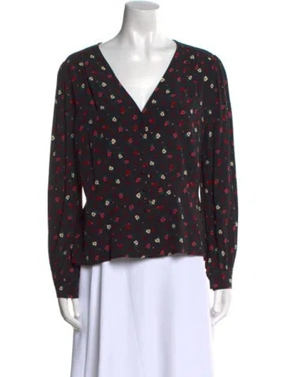 Pre-owned Ba&sh Floral Print V-neck Blouse In Black
