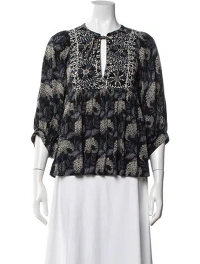 Pre-owned Ba&sh Floral Print V-neck Blouse In Black/blue