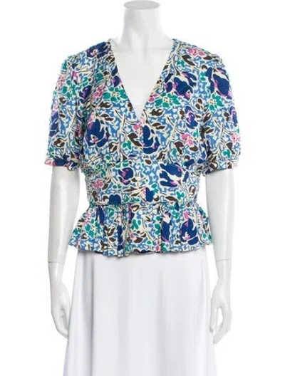 Pre-owned Ba&sh Floral Print V-neck Blouse In Blue