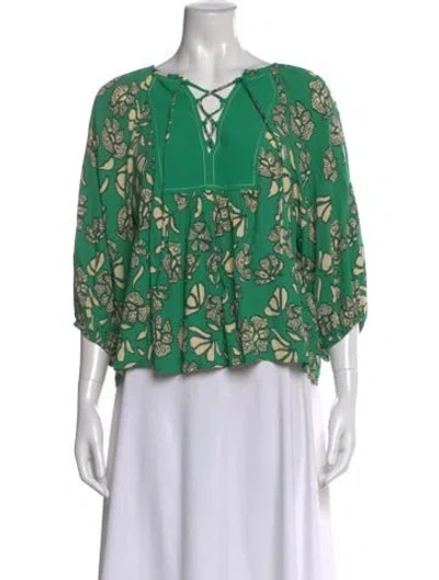 Pre-owned Ba&sh Floral Print V-neck Blouse In Green