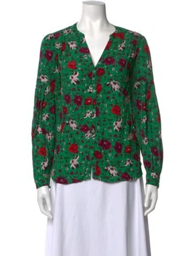 Pre-owned Ba&sh Floral Print V-neck Blouse In Green