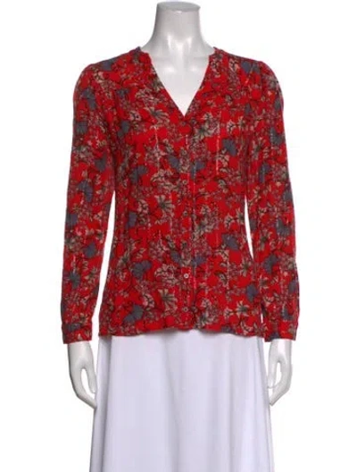 Pre-owned Ba&sh Floral Print V-neck Blouse In Red