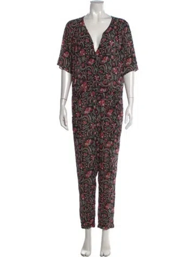 Pre-owned Ba&sh Floral Print V-neck Jumpsuit In Black