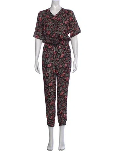 Pre-owned Ba&sh Floral Print V-neck Jumpsuit In Black