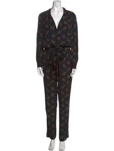 Pre-owned Ba&sh Floral Print V-neck Jumpsuit In Blue