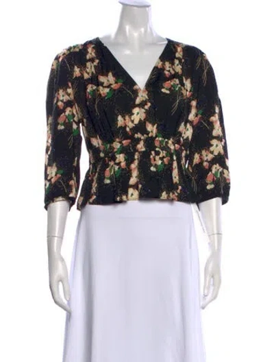 Pre-owned Ba&sh Floral Print V-neck Top In Black