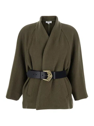 Ba&sh 'hini' Green Jacket With Shawl Collar And Front Belt Closure In Wool Woman