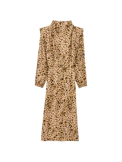 Ba&sh Hoelia Animal-print Long-sleeved Shift Midi Dress In Brown