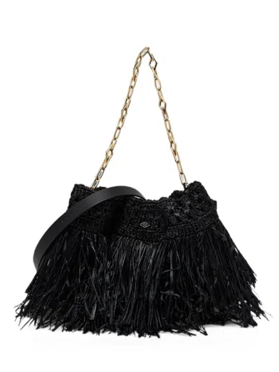 Ba&sh June Fringed Raffia Clutch Bag In Black