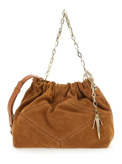 Ba&sh June Suede Shoulder Handbag With Chain Strap And Charms, 35x25x14 Cm In Beige