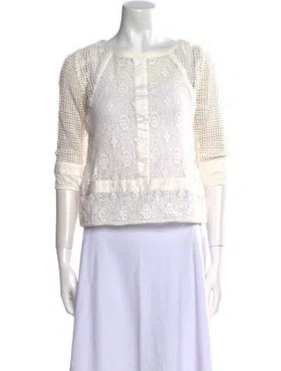 Pre-owned Ba&sh Lace Pattern Bateau Neckline Crop Top In White