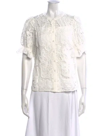 Pre-owned Ba&sh Lace Pattern Short Sleeve Blouse In White