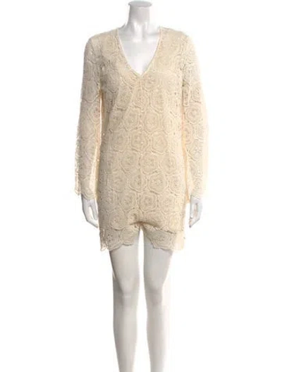 Pre-owned Ba&sh Lace Pattern V-neck Romper In Neutral