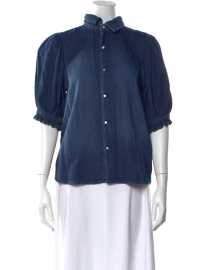 Pre-owned Ba&sh Mock Neck Three-quarter Sleeve Button-up Top In Blue