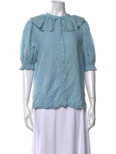 Pre-owned Ba&sh Mock Neck Three-quarter Sleeve Button-up Top In Blue