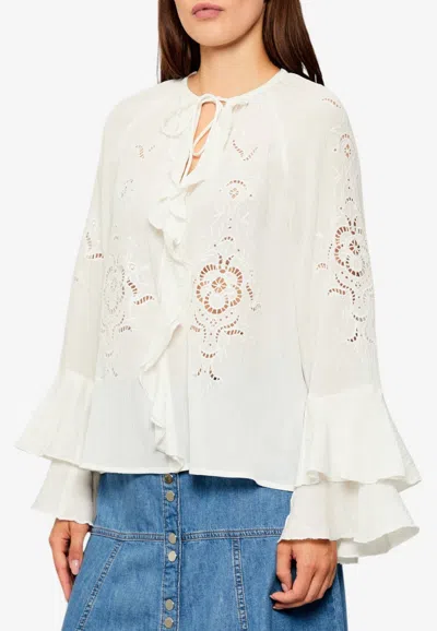 Ba&sh Omar Broderie Anglaise Flounced Blouse In Ecru